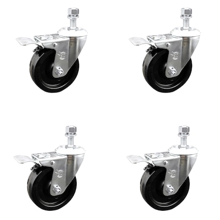 Service Caster 4 Inch SS Phenolic Swivel 10mm Threaded Stem Caster Set Total Lock Brake SCC SCC-SSTSTTL20S414-PHS-M1015-4